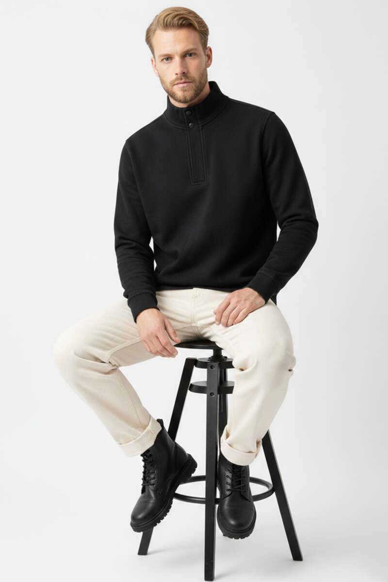 Dik Yaka Çıtçıtlı Erkek Sweatshirt Siyah