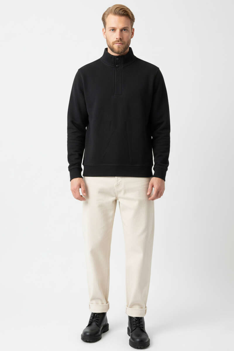 Dik Yaka Çıtçıtlı Erkek Sweatshirt Siyah