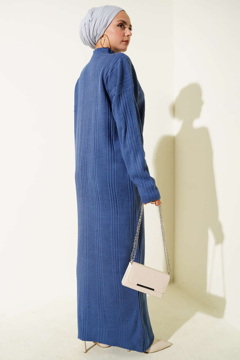 Dik Yaka Fitilli Triko Elbise İndigo