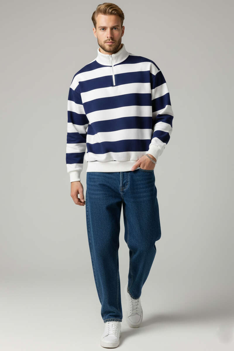 Dik Yaka Şeritli Erkek Sweatshirt