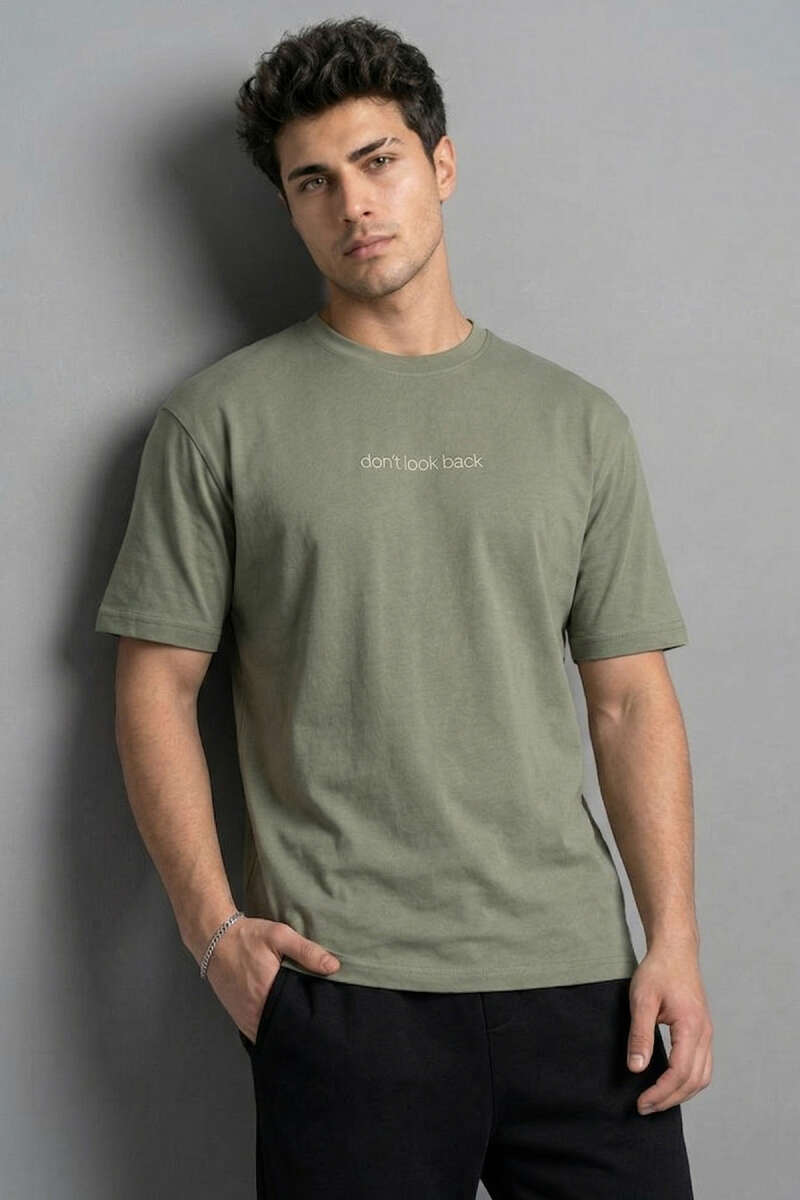 Don't Look Back Baskılı Oversize Erkek T-shirt Haki
