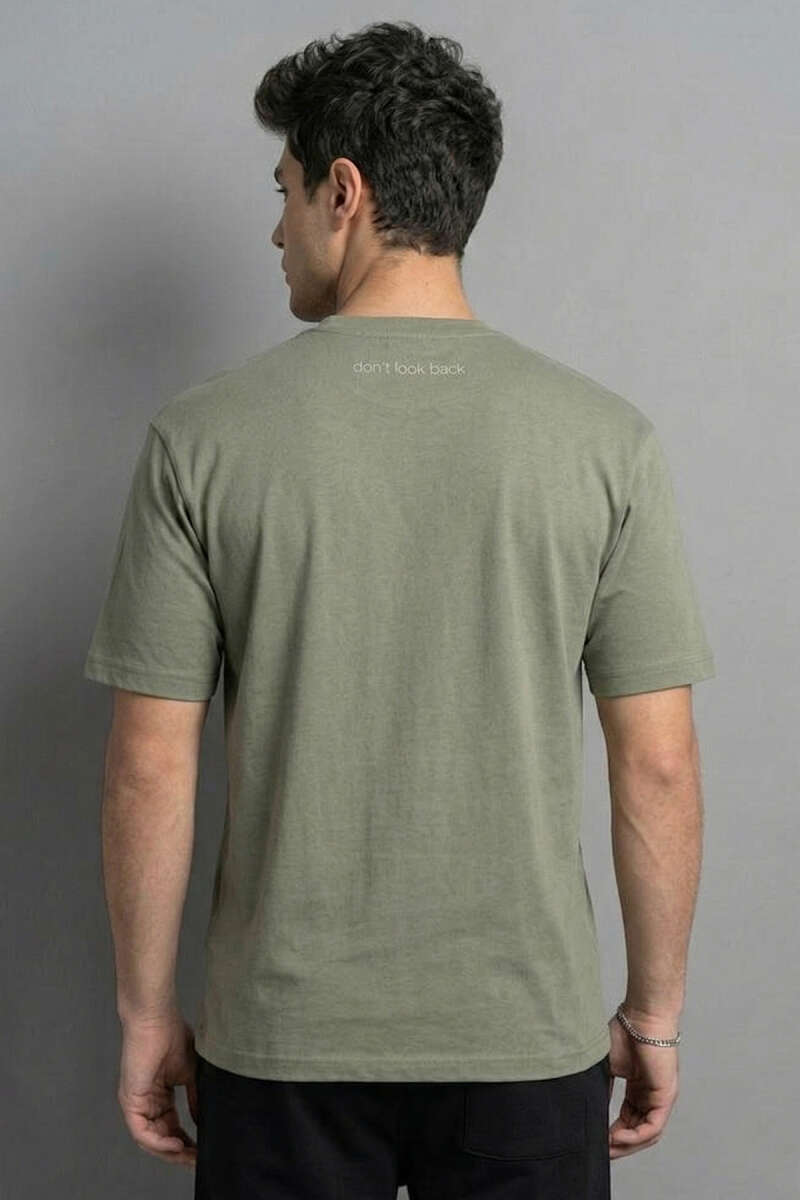 Don't Look Back Baskılı Oversize Erkek T-shirt Haki