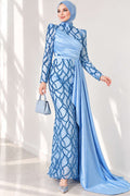 Draped Sequined Evening Dress Blue