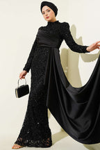 Drapeli Pul Payet Desenli Abiye Elbise Siyah