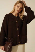 Düğme Detaylı Cepli Triko Hırka