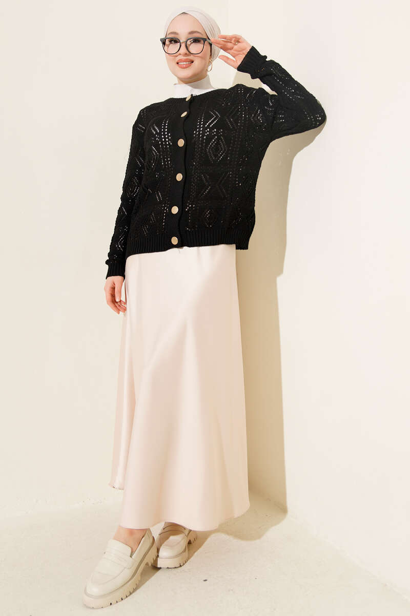Düğmeli Ajurlu Kısa Triko Hırka