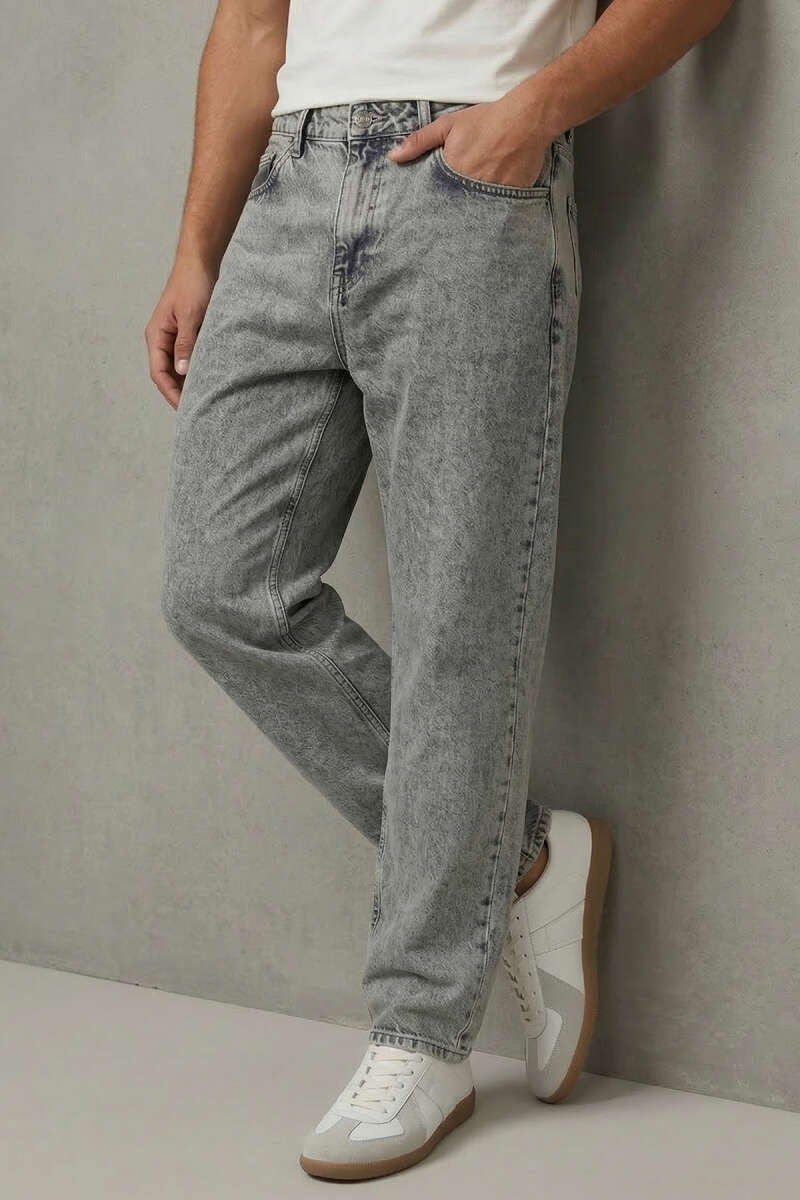 Düğmeli Bol Paça Erkek Kot Pantolon
