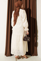 Düğmeli Brode Bilek Lastikli Elbise