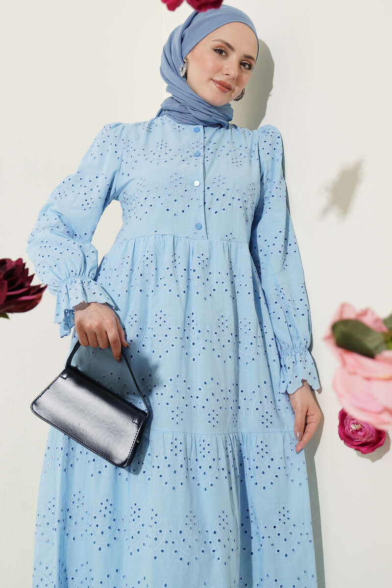 Düğmeli Brode Bilek Lastikli Elbise Mavi