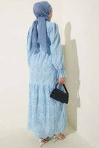 Düğmeli Brode Bilek Lastikli Elbise Mavi