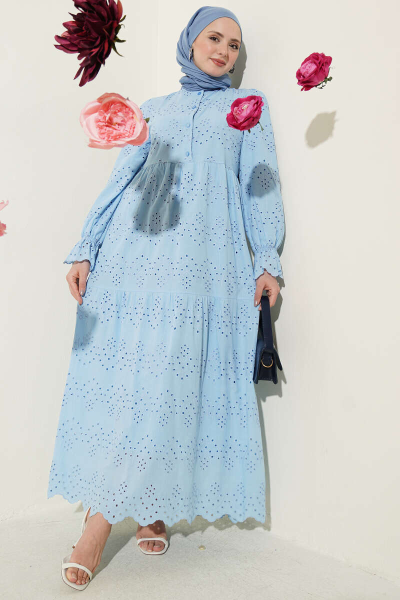 Düğmeli Brode Bilek Lastikli Elbise Mavi