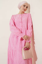 Düğmeli Brode Bilek Lastikli Elbise