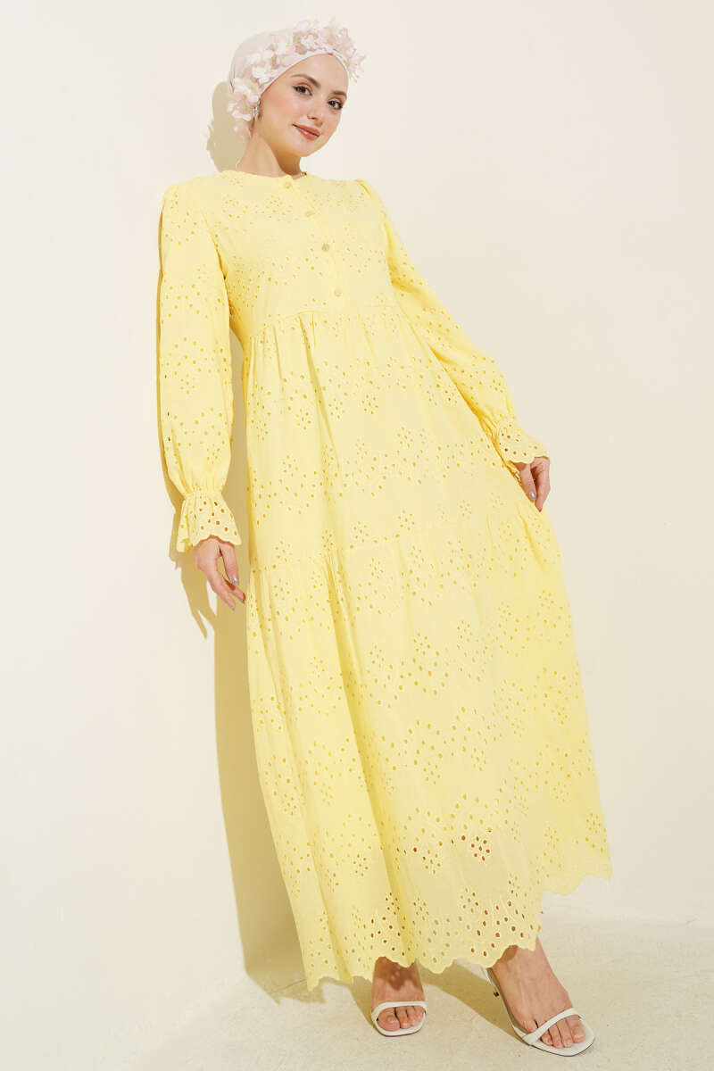 Düğmeli Brode Bilek Lastikli Elbise Sarı