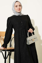 Düğmeli Brode Bilek Lastikli Elbise Siyah