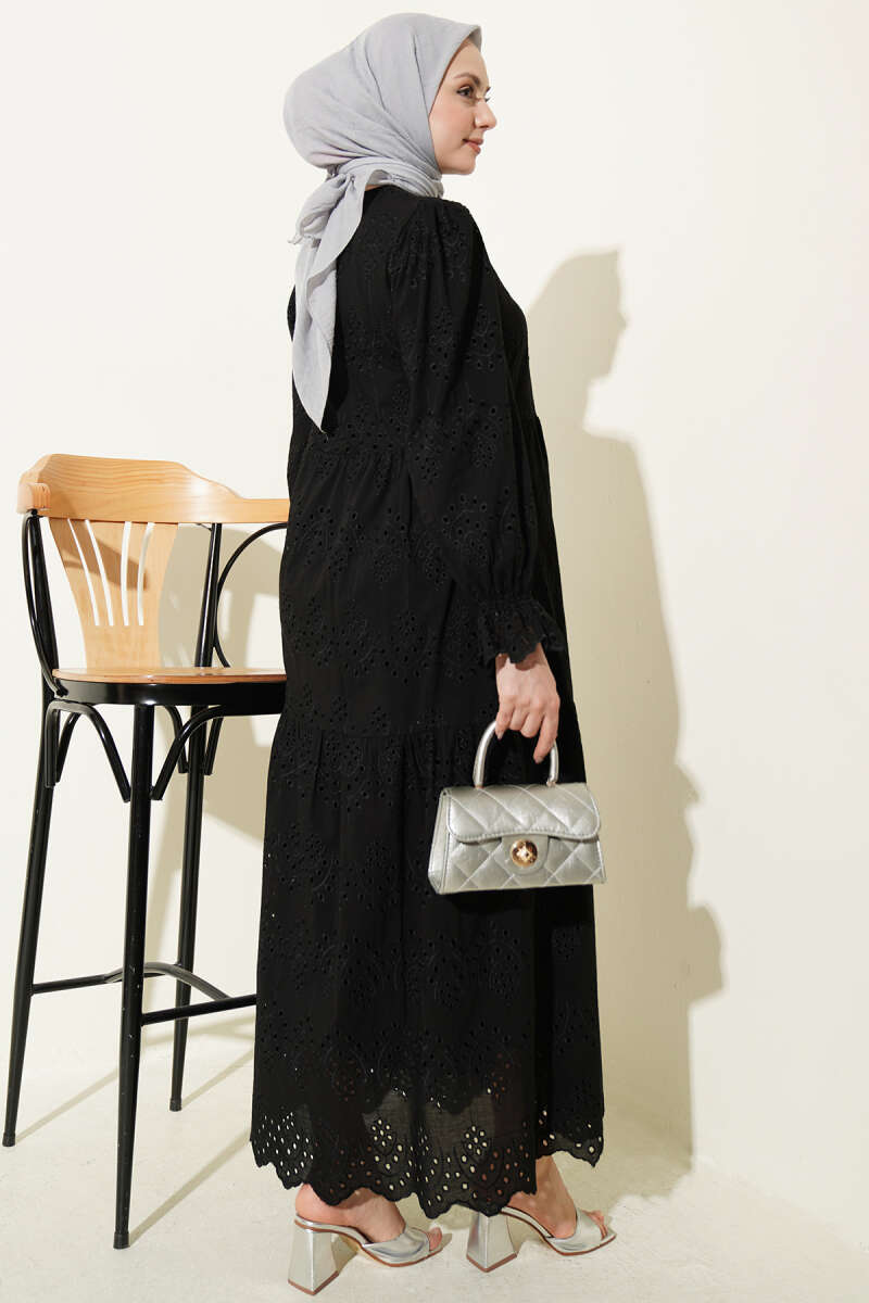 Düğmeli Brode Bilek Lastikli Elbise Siyah