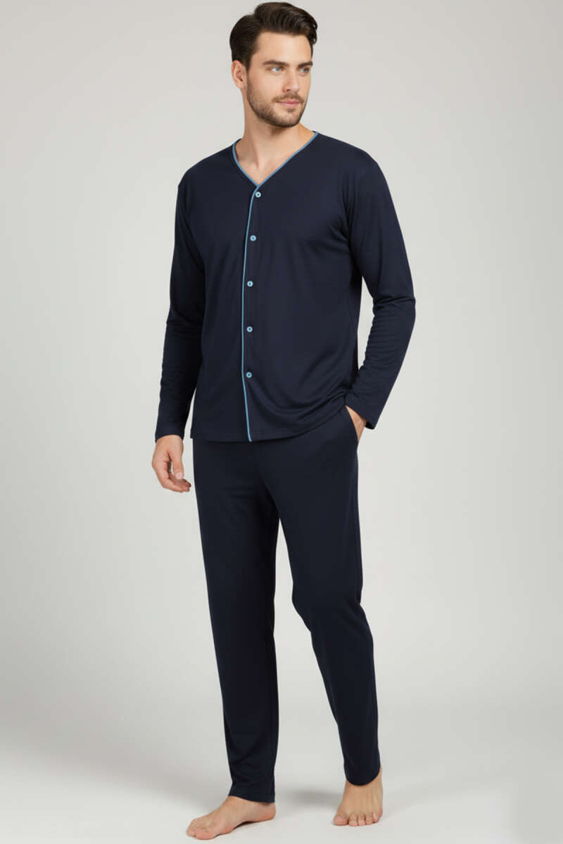 Düğmeli Büyük Beden İnterlok Erkek Pijama Takım