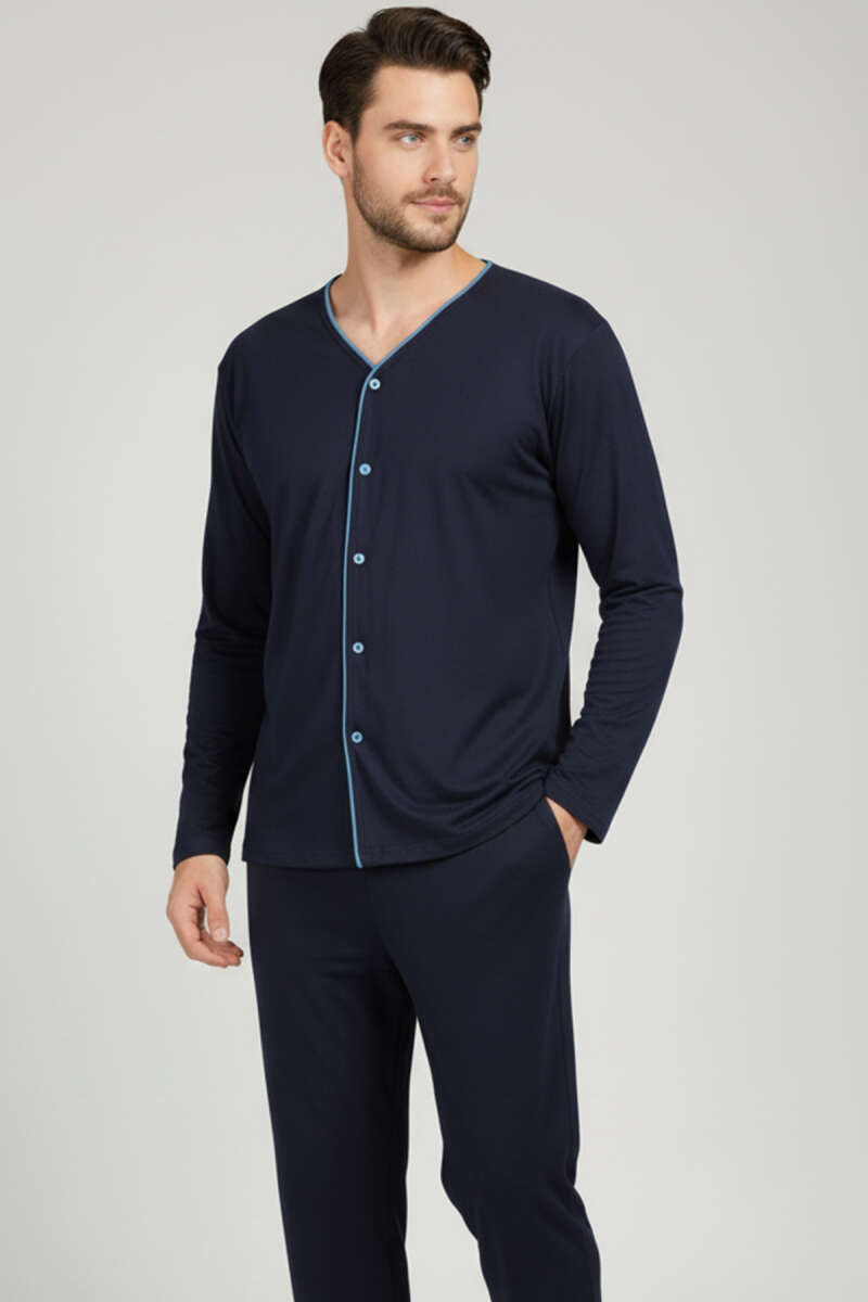 Düğmeli Büyük Beden İnterlok Erkek Pijama Takım