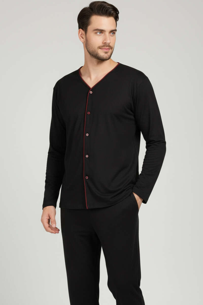 Düğmeli Büyük Beden İnterlok Erkek Pijama Takım