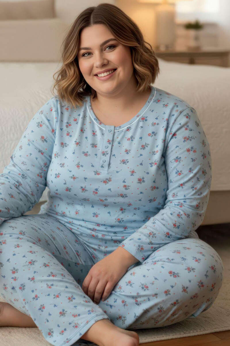 Düğmeli Büyük Beden Viscon Pijama Takımı