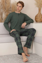 Düğmeli İnterlok Erkek Pijama Takımı Haki