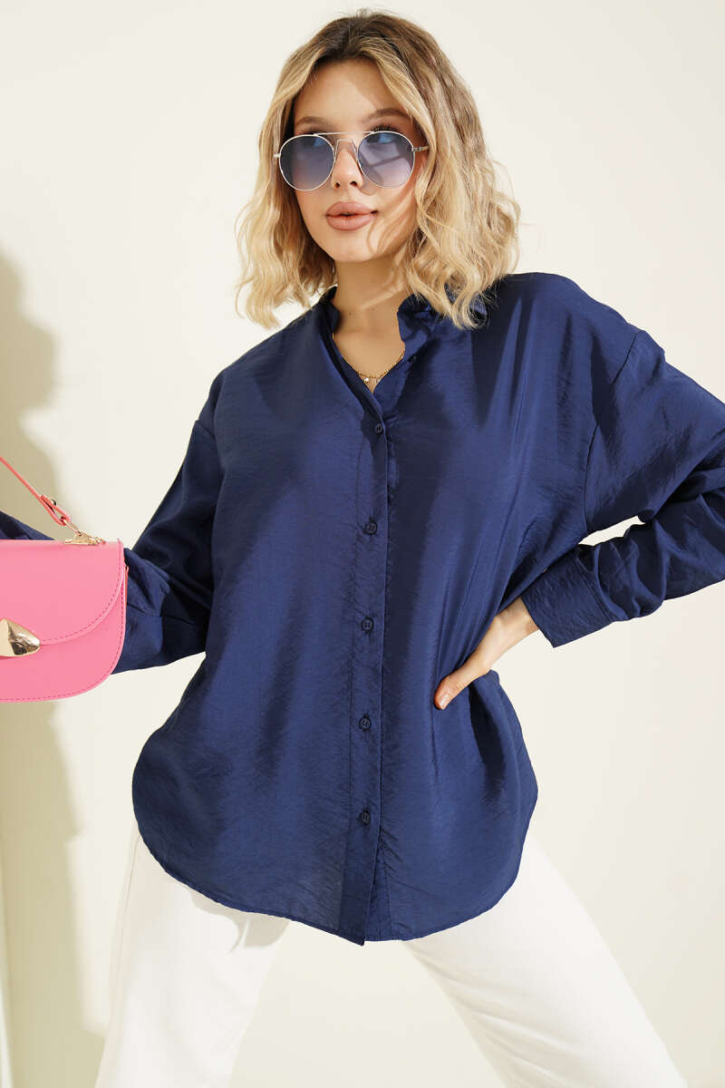 Düğmeli Oversize Gömlek Lacivert
