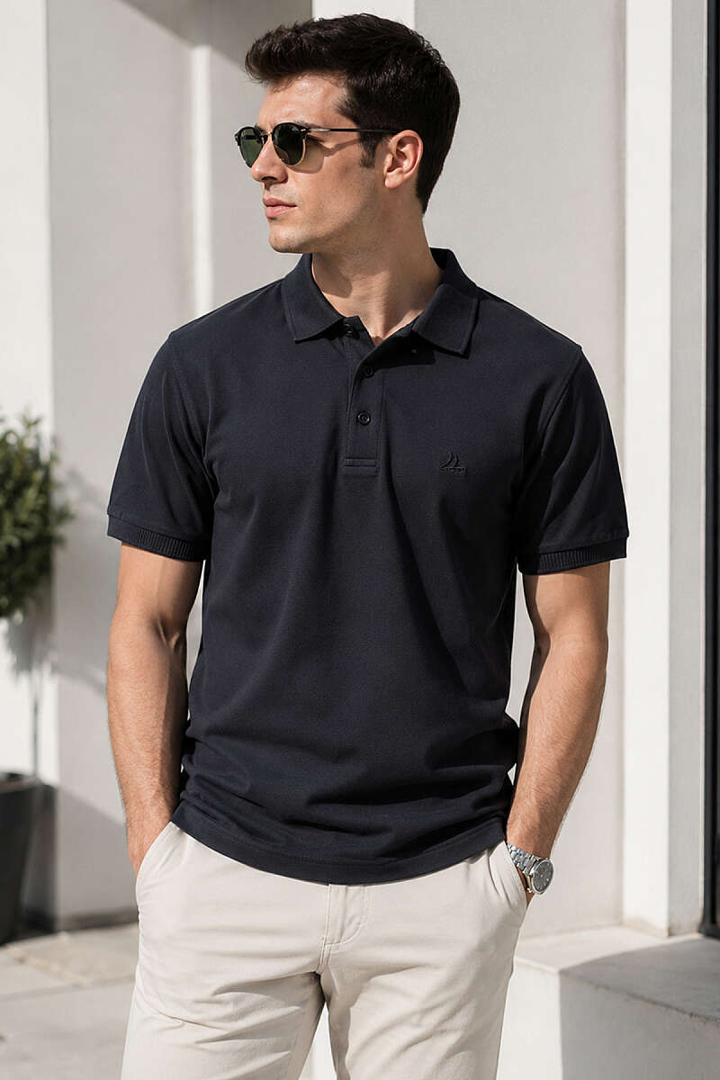 Düğmeli Polo Yaka Erkek T-shirt Siyah
