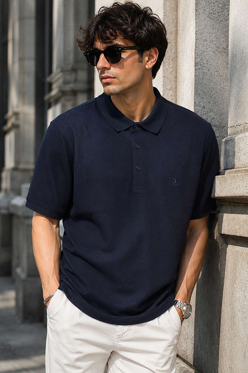 Düğmeli Polo Yaka Waffle Erkek T-shirt Lacivert