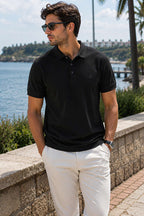 Düğmeli Polo Yaka Waffle Erkek T-shirt Siyah