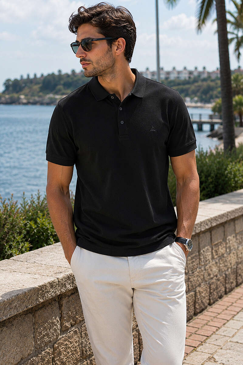 Düğmeli Polo Yaka Waffle Erkek T-shirt Siyah