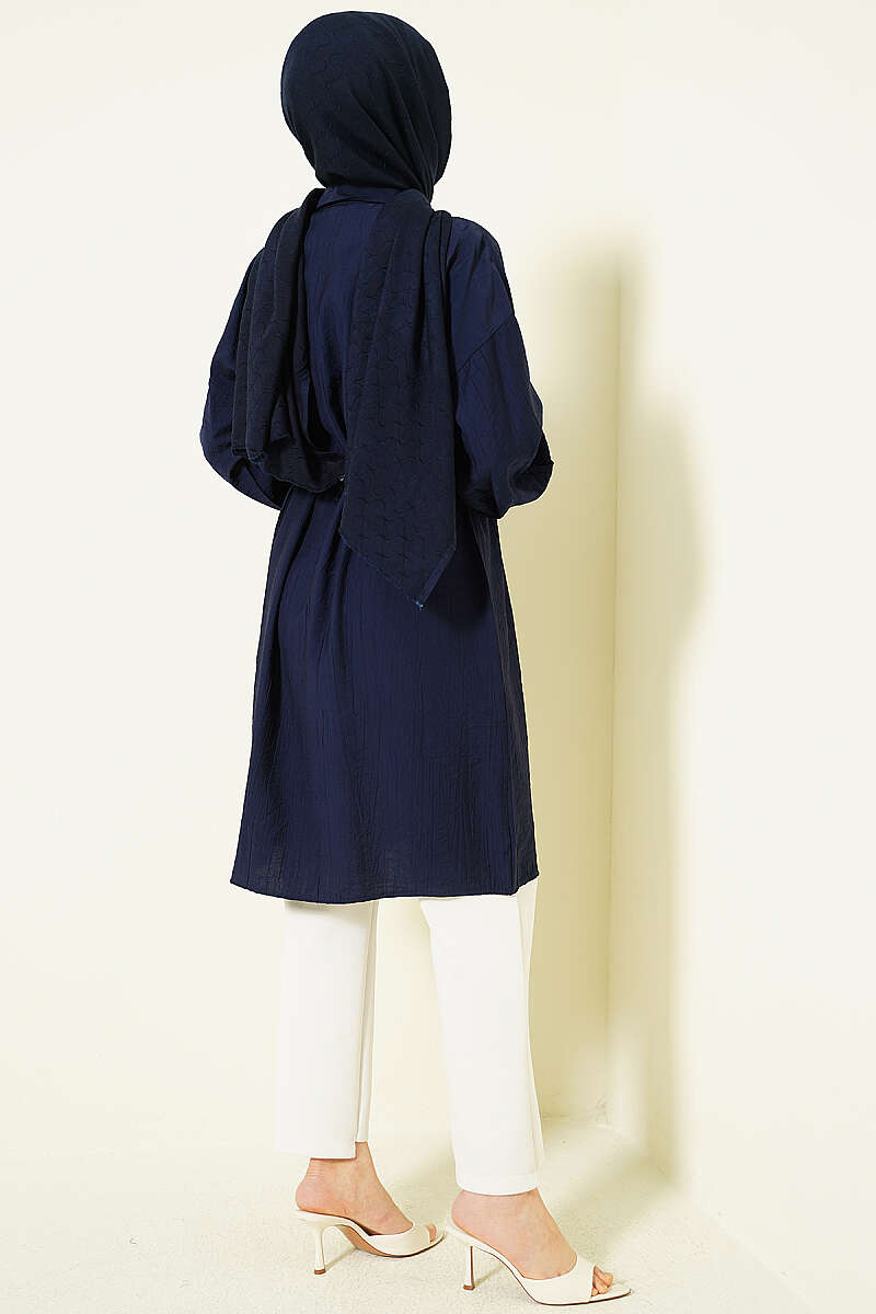 Düşük Omuzlu İp Kuşaklı Uzun Gömlek Lacivert