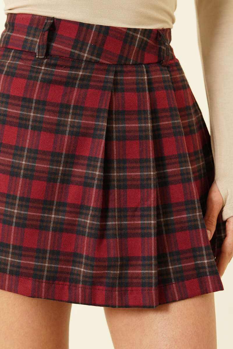 Ekose Desen Pileli Mini Şort Etek