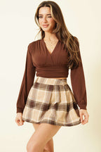 Ekose Desen Pileli Mini Şort Etek