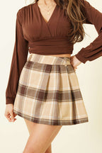 Ekose Desen Pileli Mini Şort Etek