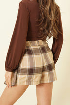 Ekose Desen Pileli Mini Şort Etek