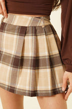 Ekose Desen Pileli Mini Şort Etek