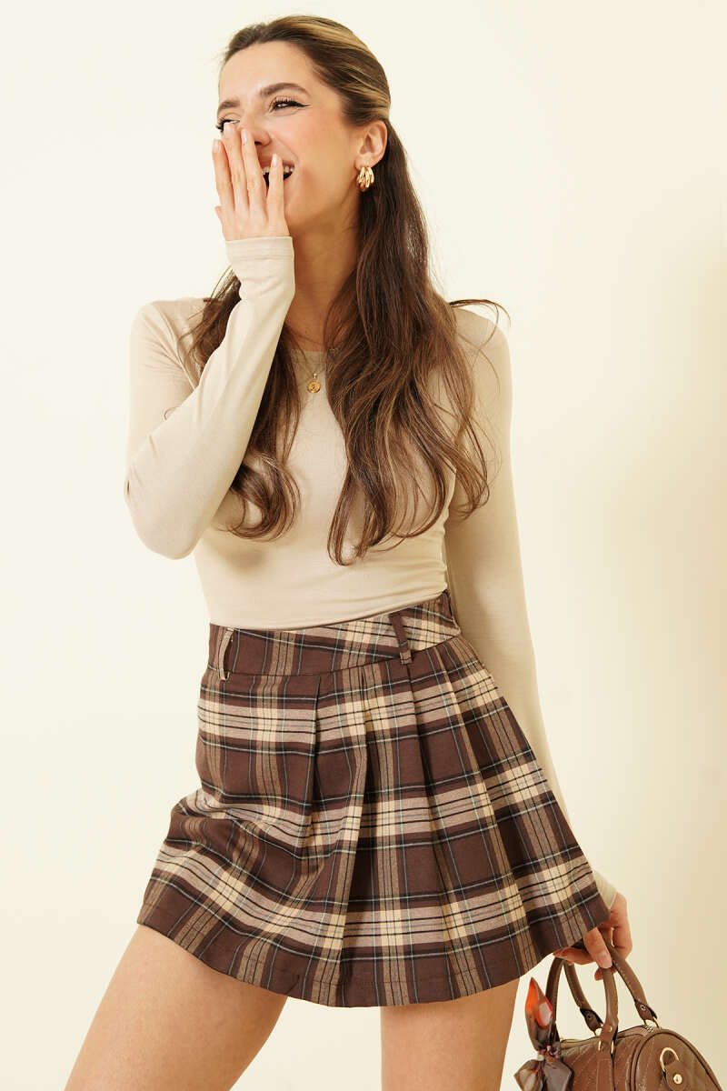 Ekose Desen Pileli Mini Şort Etek