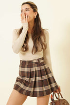 Ekose Desen Pileli Mini Şort Etek