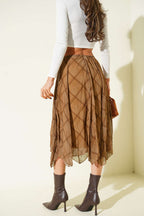 Ekose Desen Şifon Midi Etek