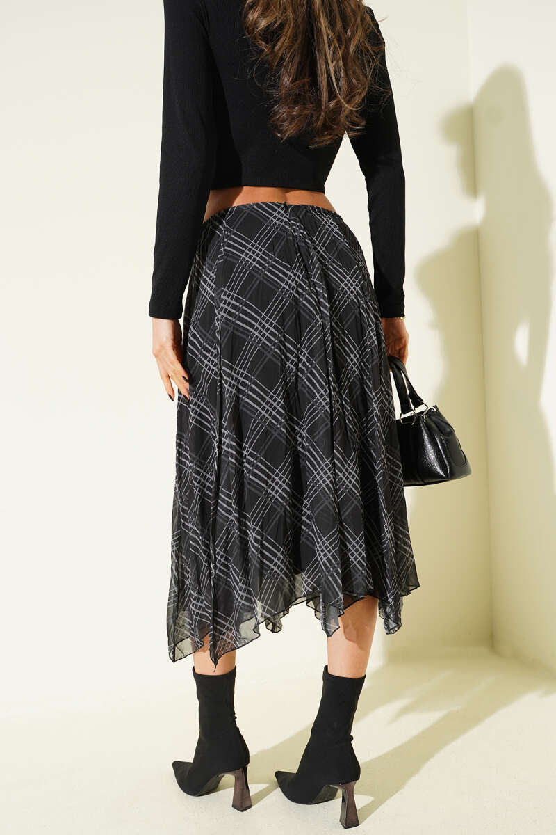 Ekose Desen Şifon Midi Etek