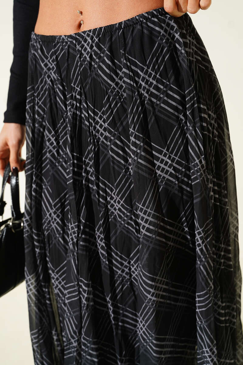 Ekose Desen Şifon Midi Etek