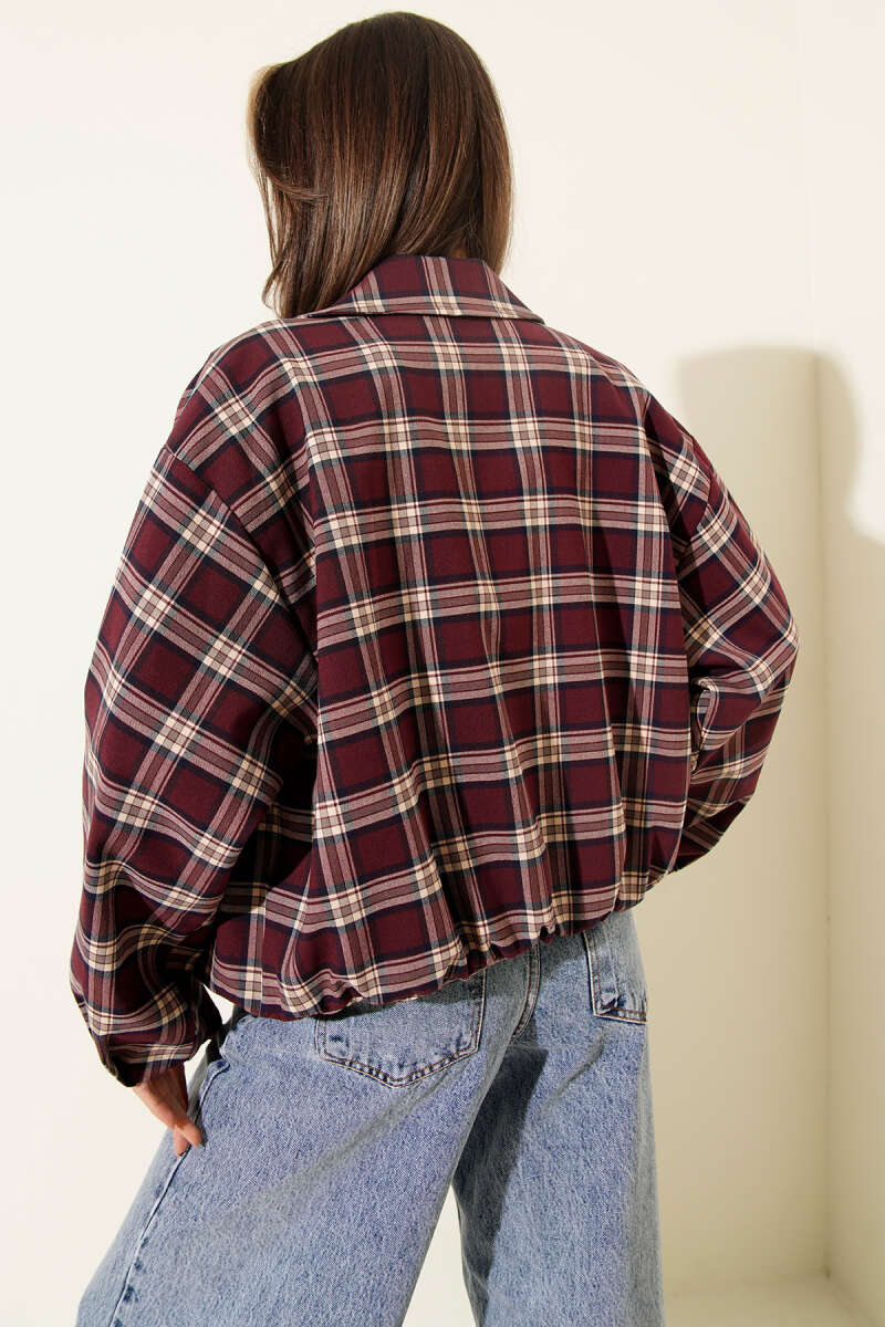 Plaid Patterned Short Jacket with Zipper