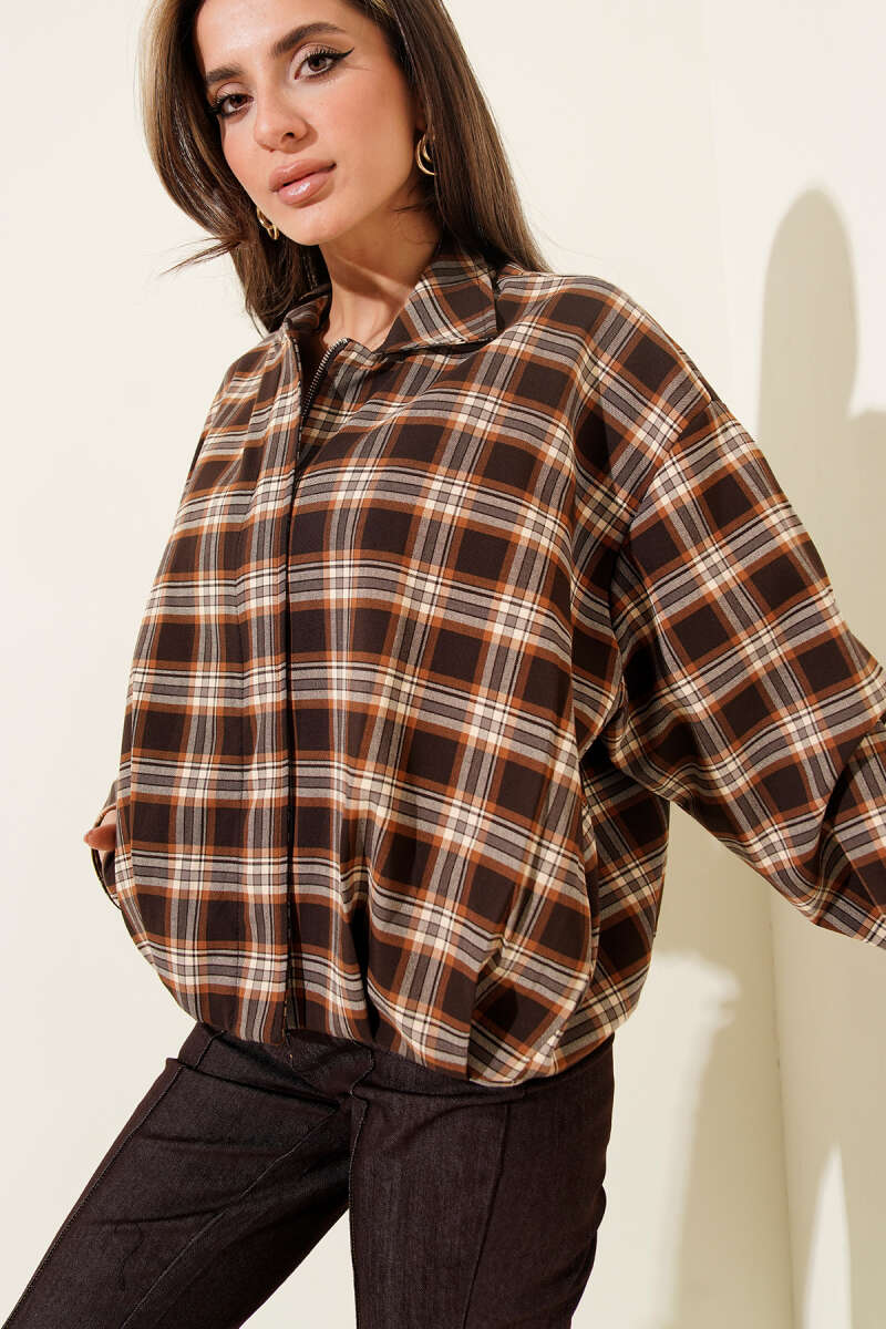 Plaid Patterned Short Jacket with Zipper