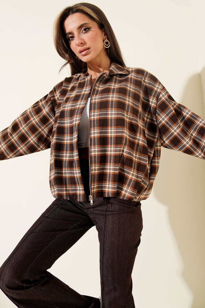 Plaid Patterned Short Jacket with Zipper