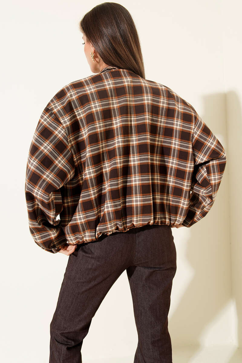 Plaid Patterned Short Jacket with Zipper