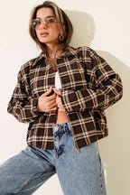 Plaid Patterned Short Jacket with Zipper