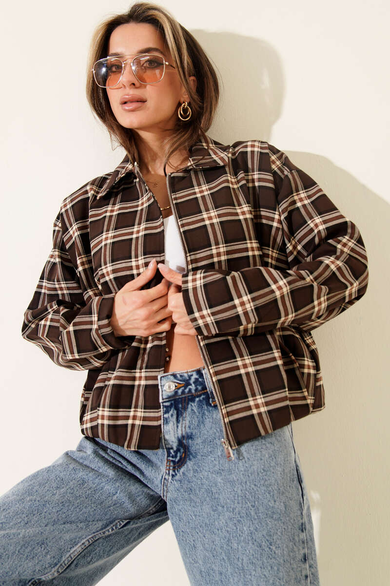 Plaid Patterned Short Jacket with Zipper