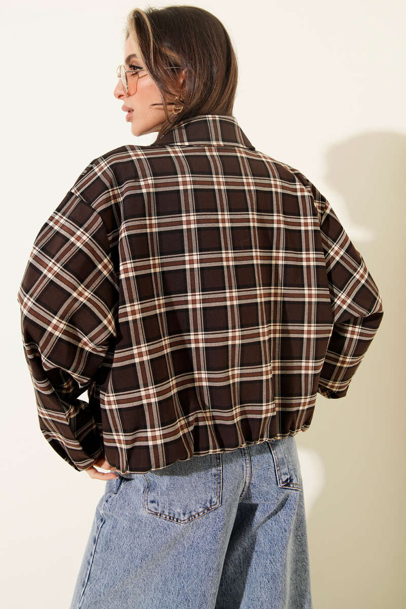 Plaid Patterned Short Jacket with Zipper