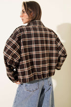 Plaid Patterned Short Jacket with Zipper