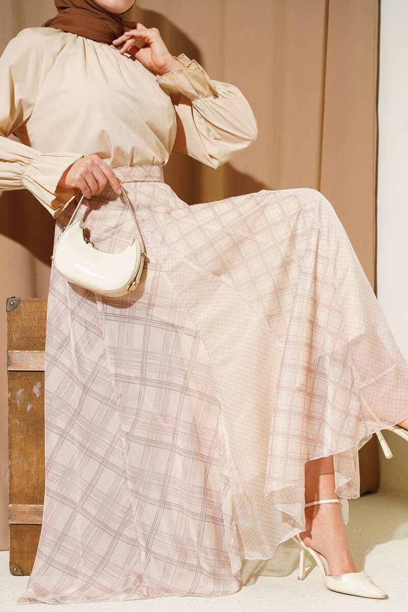 Ekose Desenli Şifon Kloş Etek