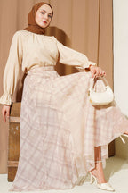 Ekose Desenli Şifon Kloş Etek